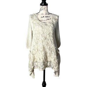 Feratelli Ivory Floral Lace Tunic Top Asymmetrical Hem Lagenlook Pockets Size S